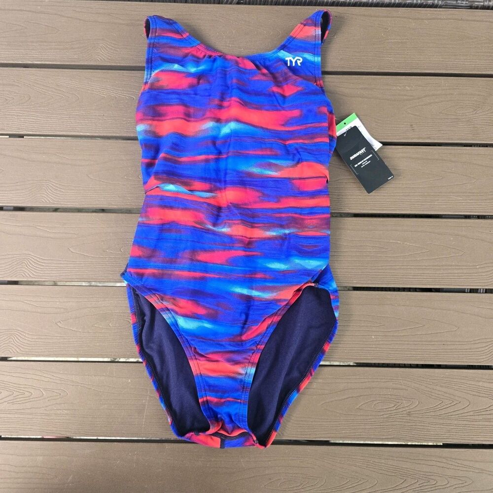 TYR Women's Durafast Technowave Red/blue Maxfit One Piece Women Swim Sz 36 New